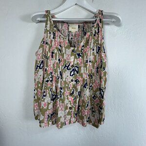 Maeve Women Sleeveless Pleated Top Size 6P Button Front Green Pink Abstract NWOT